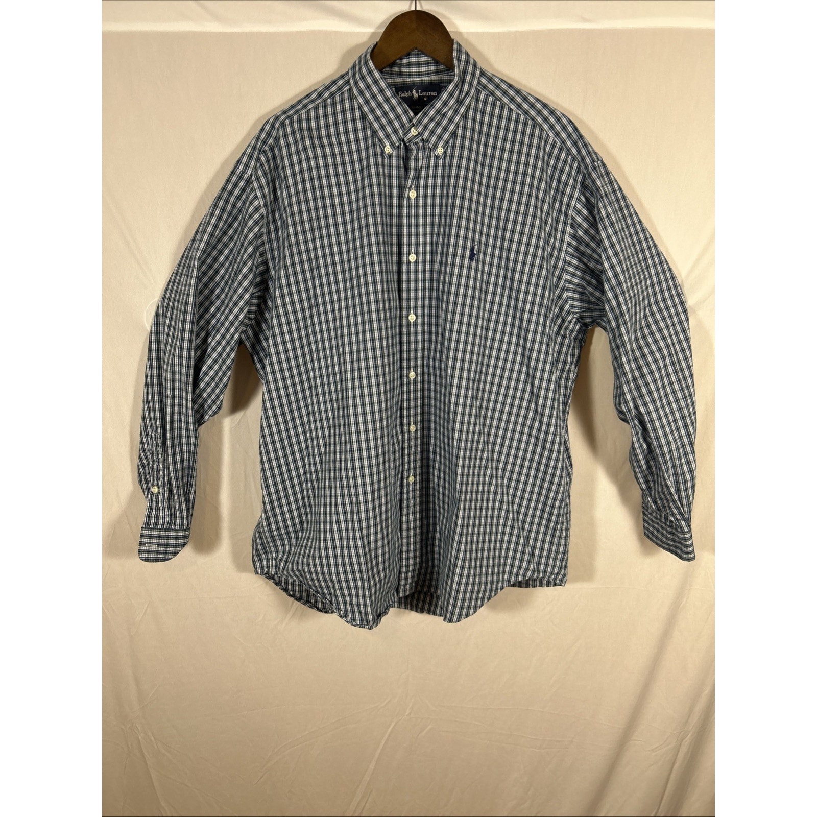Ralph Lauren Blake Shirt Mens Xl Blue Green Plaid Button Down Cotton Poe